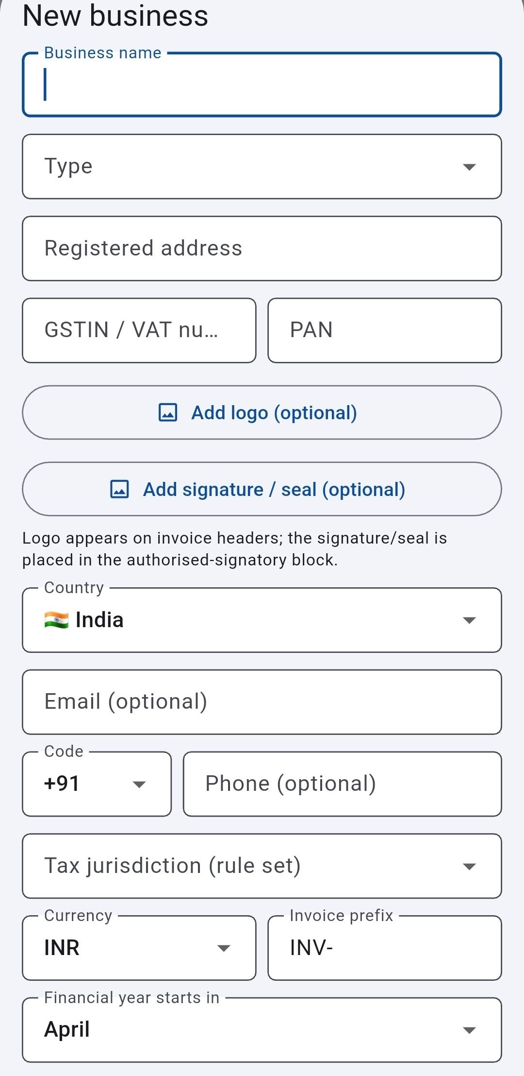 New business profile creation