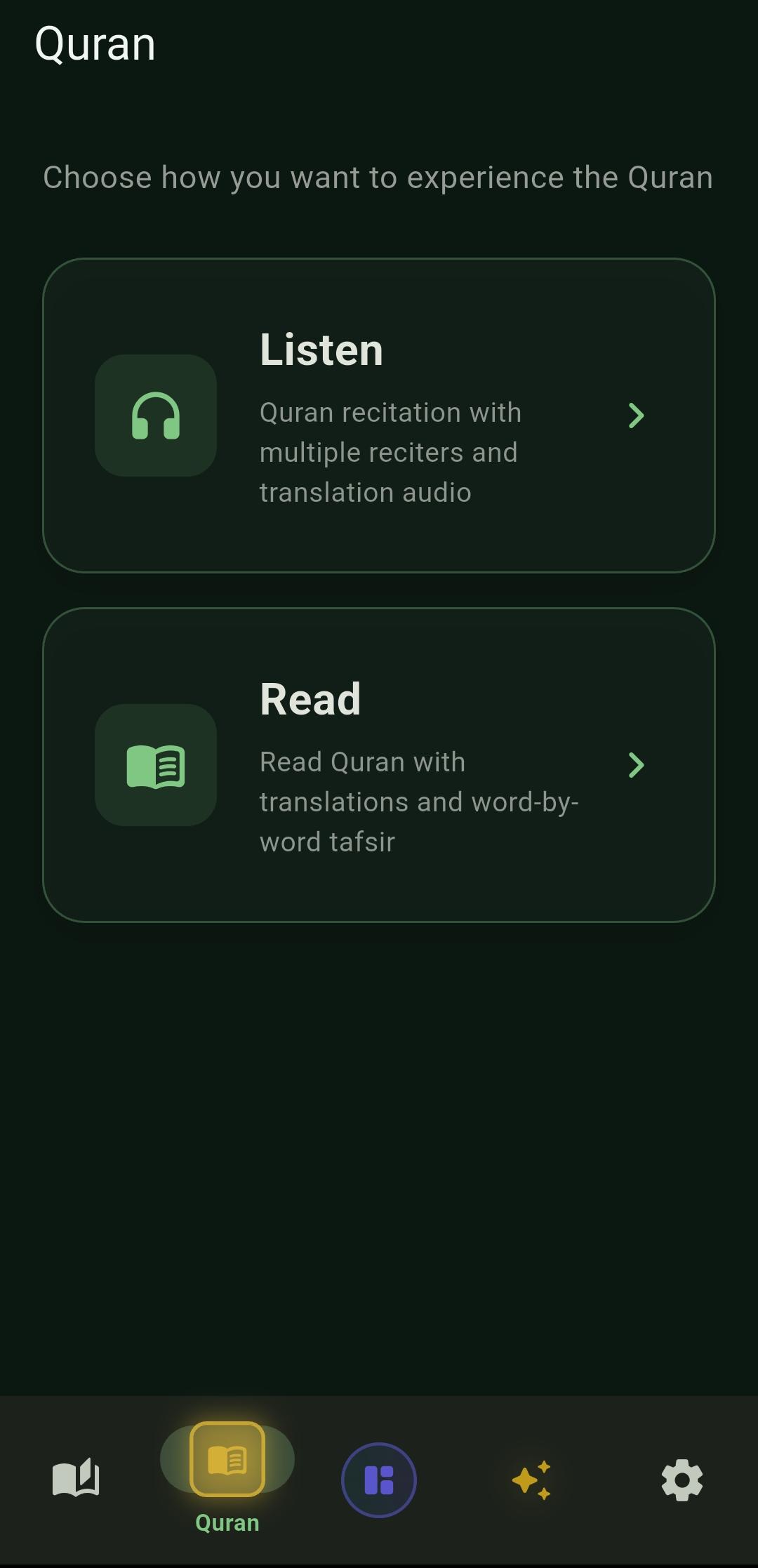 Quran screen with Listen and Read options