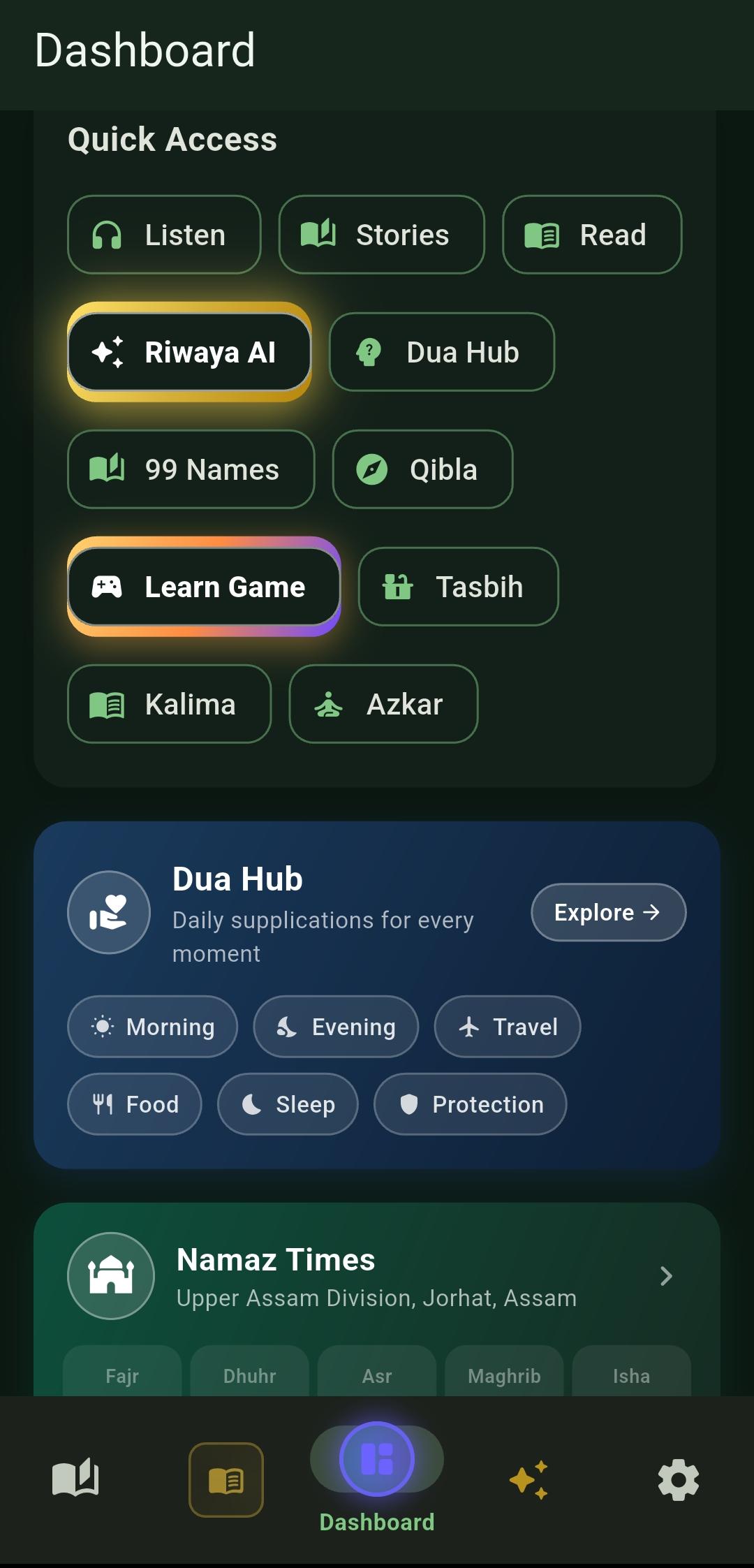 Riwaya AI dashboard with prayer times, quick access, and Dua Hub