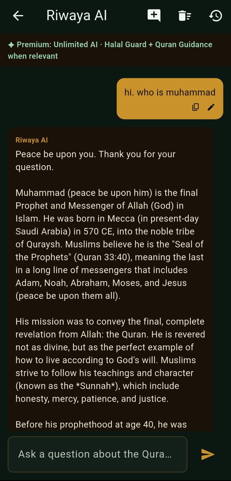 Riwaya AI assistant answering an Islamic question