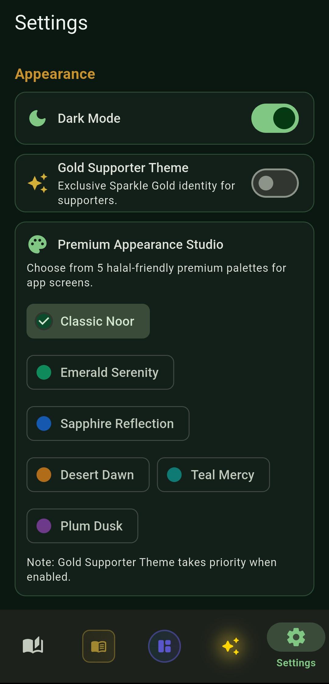 Settings with Dark Mode and premium appearance palettes